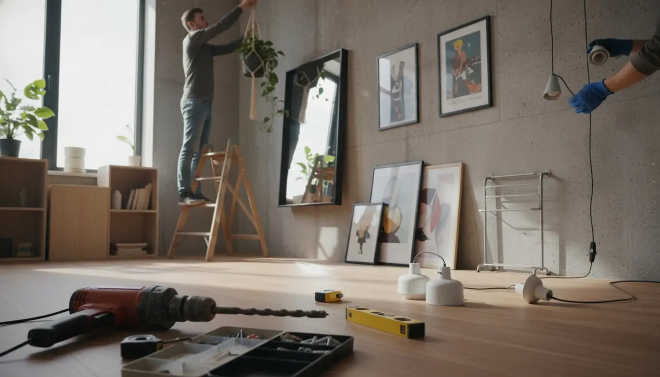 Værktøj og hænder i en solbelyst betonlejlighed, mens planter, lamper, spejl, plakater og bogkasser opsættes.