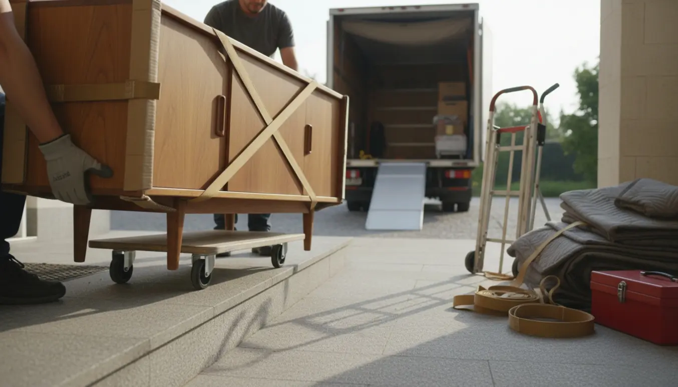 To personer bærer en teakskænk ud fra villaens lave trin mod en flyttevogn, med flyttetæpper og dolly.