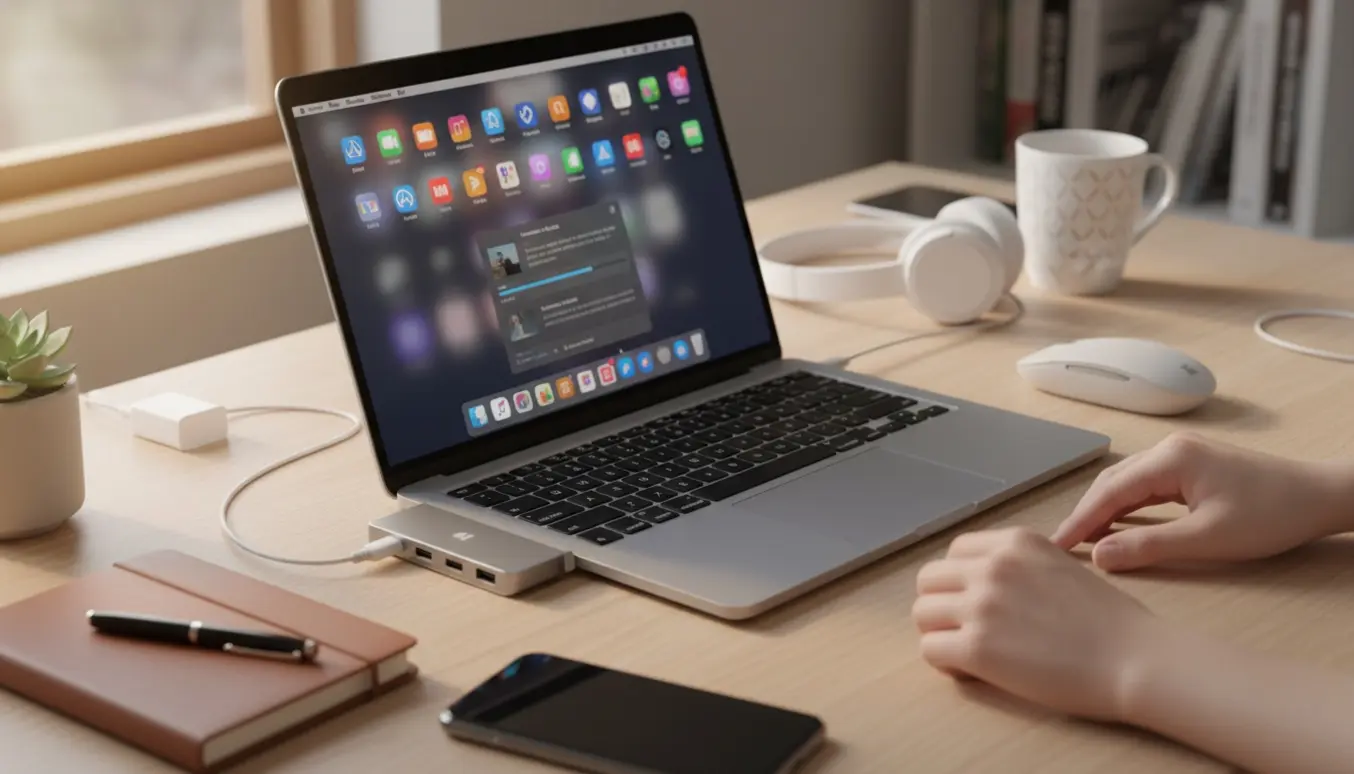 Hænder opsætter en MacBook på et ryddeligt skrivebord med oplader, hub og smartphone.