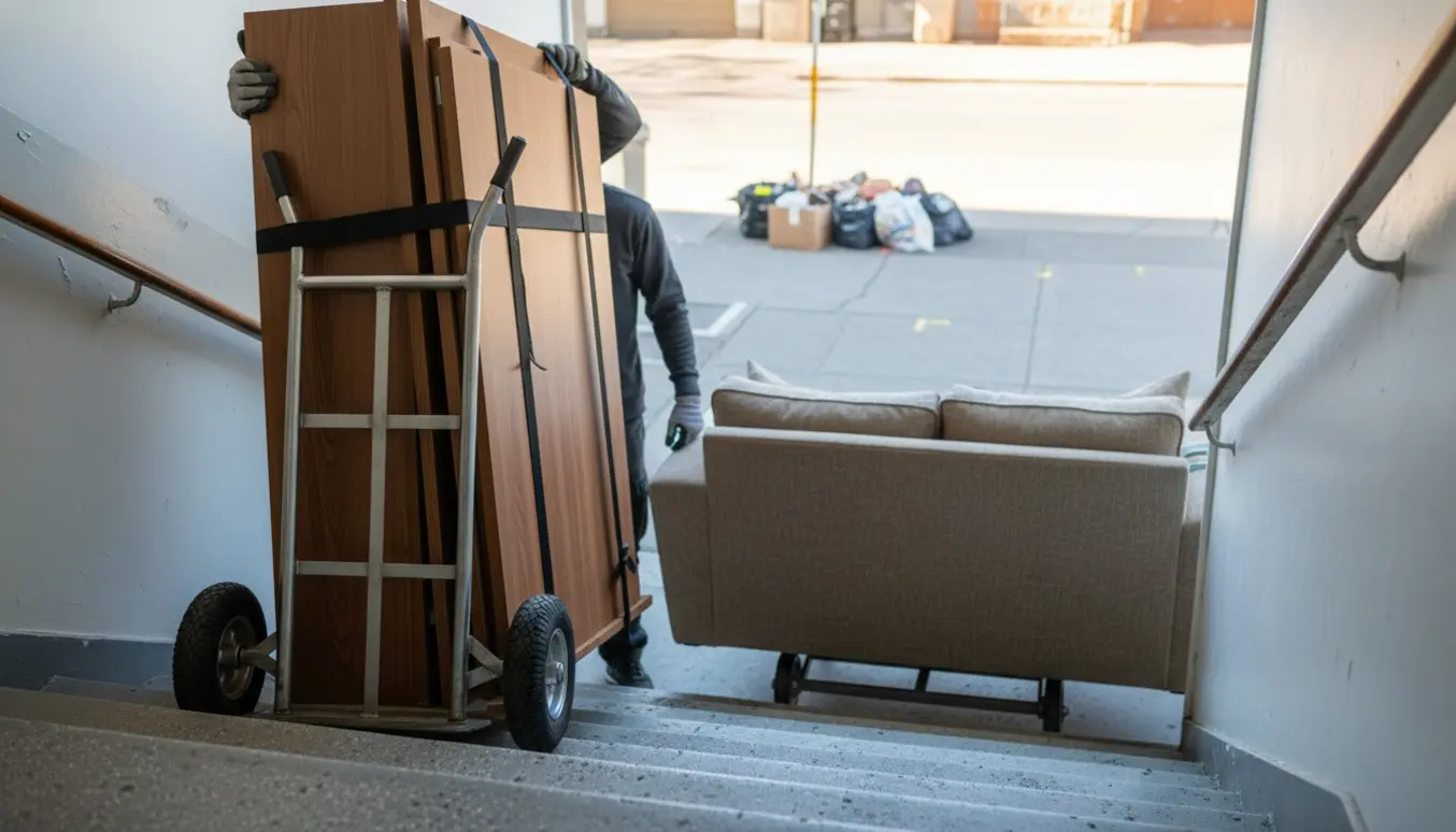 To personer triller et adskilt klædeskab og en 3-personers sofa på metalvogne ned fra første sal mod storskraldspladsen.