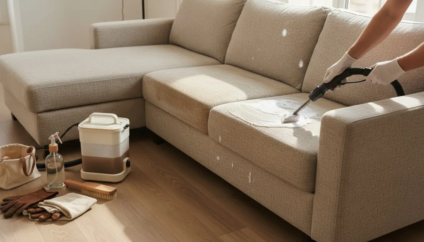 Hænder bruger en vådsuger til at rense en stof 3-personers sofa med chaiselong, hvor en siddeplads viser før-og-efter.