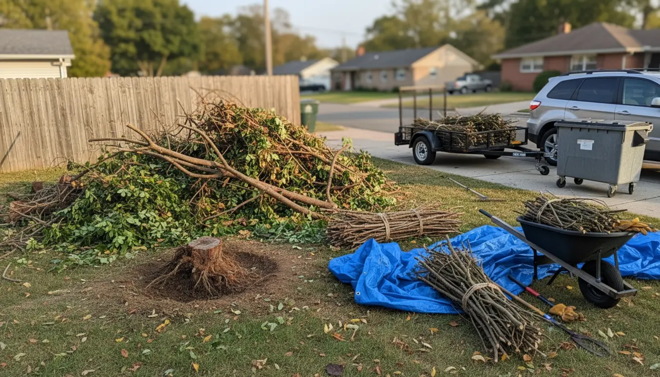 Stor bunke haveaffald ved indkørsel klar til afhentning med trailer eller container.