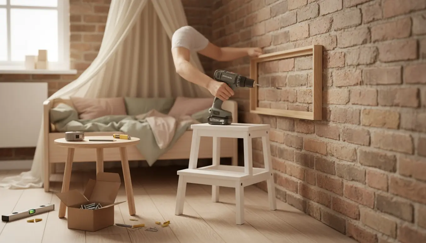 Hænder monterer to rektangulære billedrammer på en murstensvæg og hænger en blød sengehimmel over en børneseng.