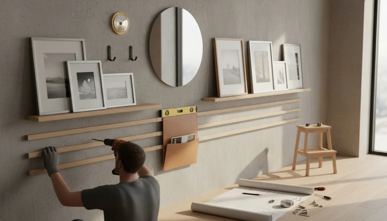 Montering af hylder, billedhylder, billeder, spejl og tilbehør på en rå betonvæg med værktøj i forgrunden.