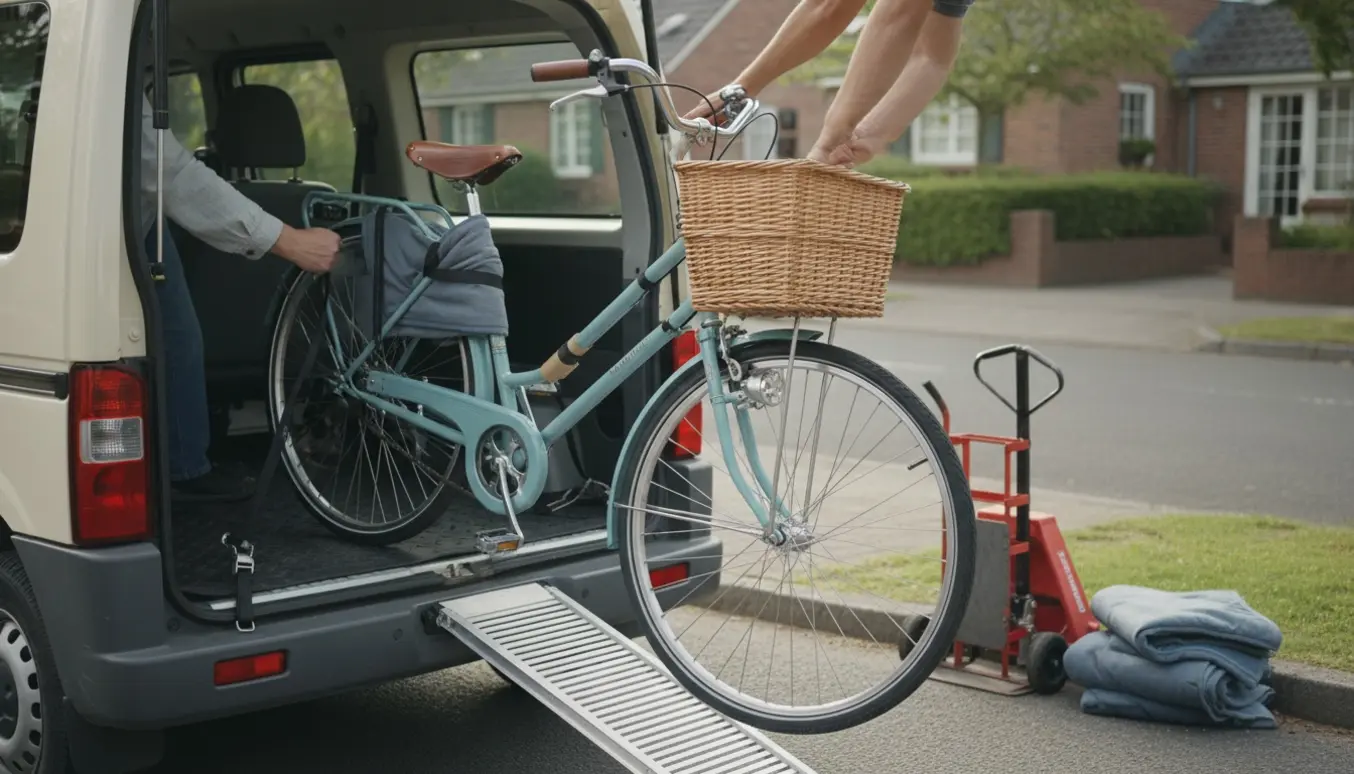Seniorcykel læsses forsigtigt ind i en varevogn med tæpper og stropper.