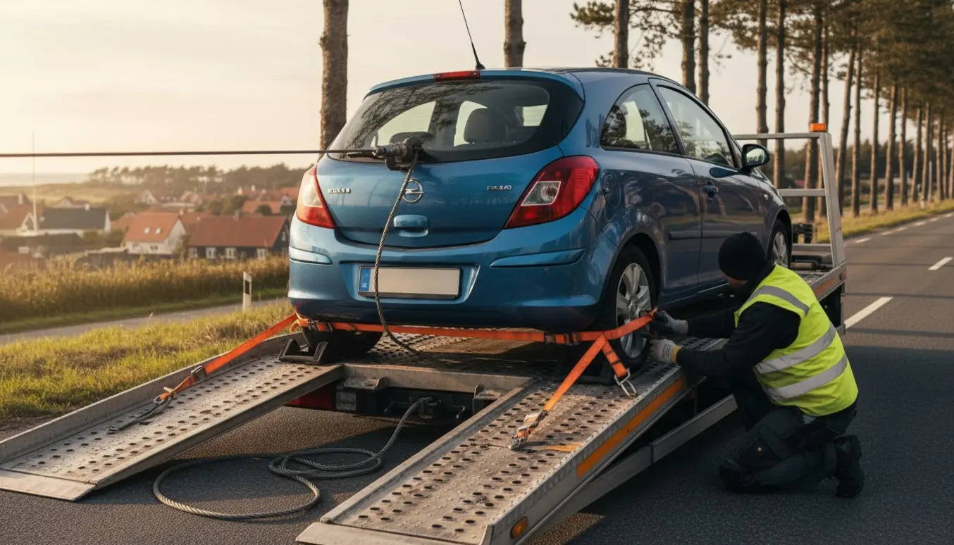 En lille hatchback læsses på en fladvogn, mens en mekaniker fastgør stropper ved vejens side.