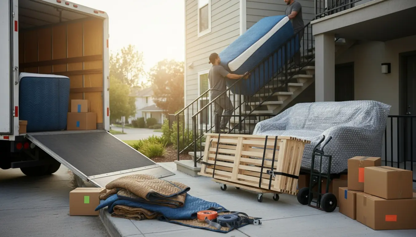 Flyttebillede: madras bæres op ad trappe, adskilt sengestel og indpakkede møbler foran en åben flyttebil.