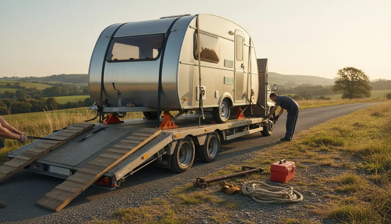 Campingvogn uden plader fastspændt på en fladbed pickup med remme og rampe i blødt morgenlys.