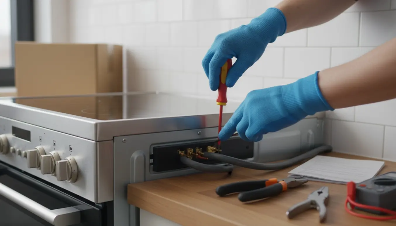 Nærbillede af hænder, der tilslutter komfurets elkabler bagfra i et lyst køkken.