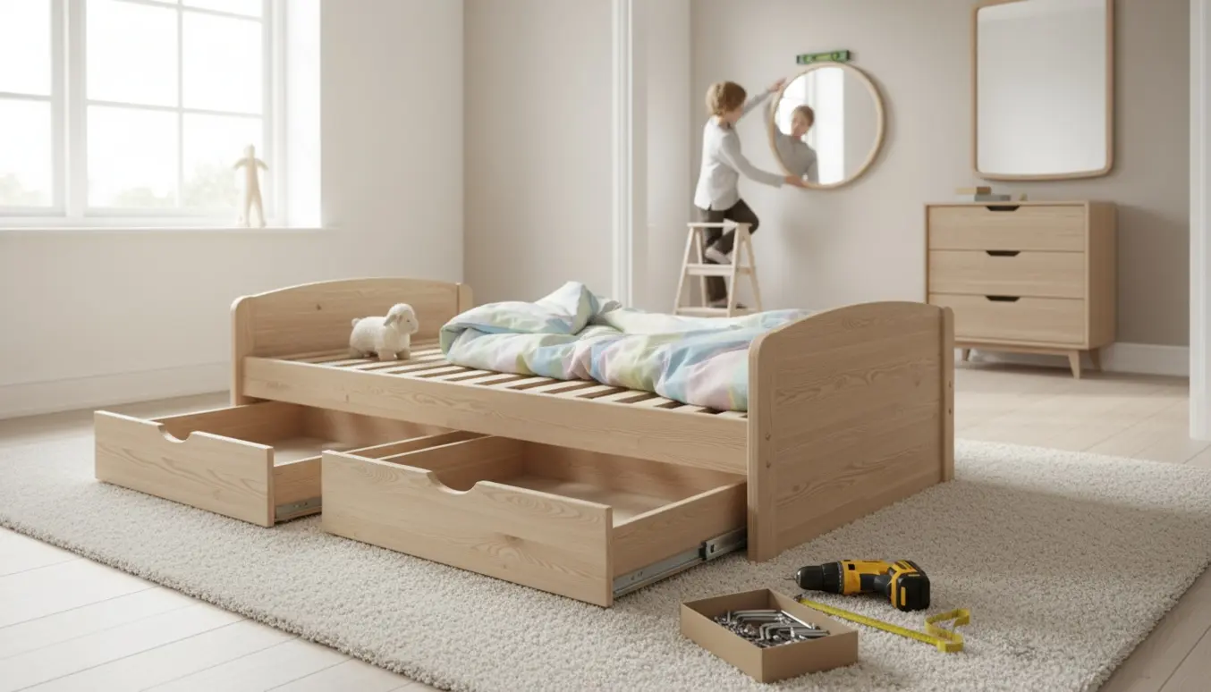 Delvist samlet Flexa Nor børneseng med værktøj i børneværelset og et spejl, der hænges op i soveværelset.