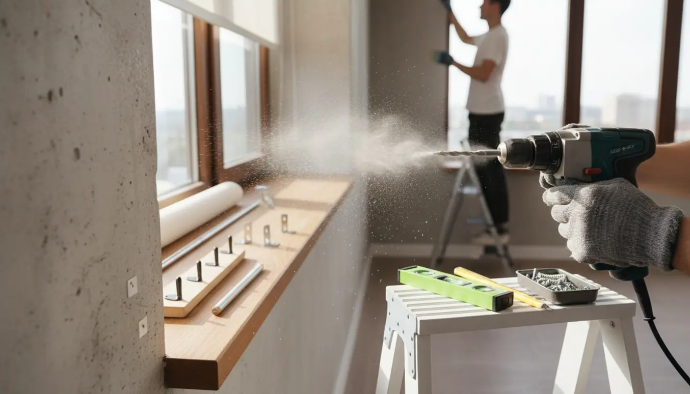 Nærbillede af en boremaskine, der borer i en betonvæg til ophæng af rullegardin, gardinstang og knagerække.