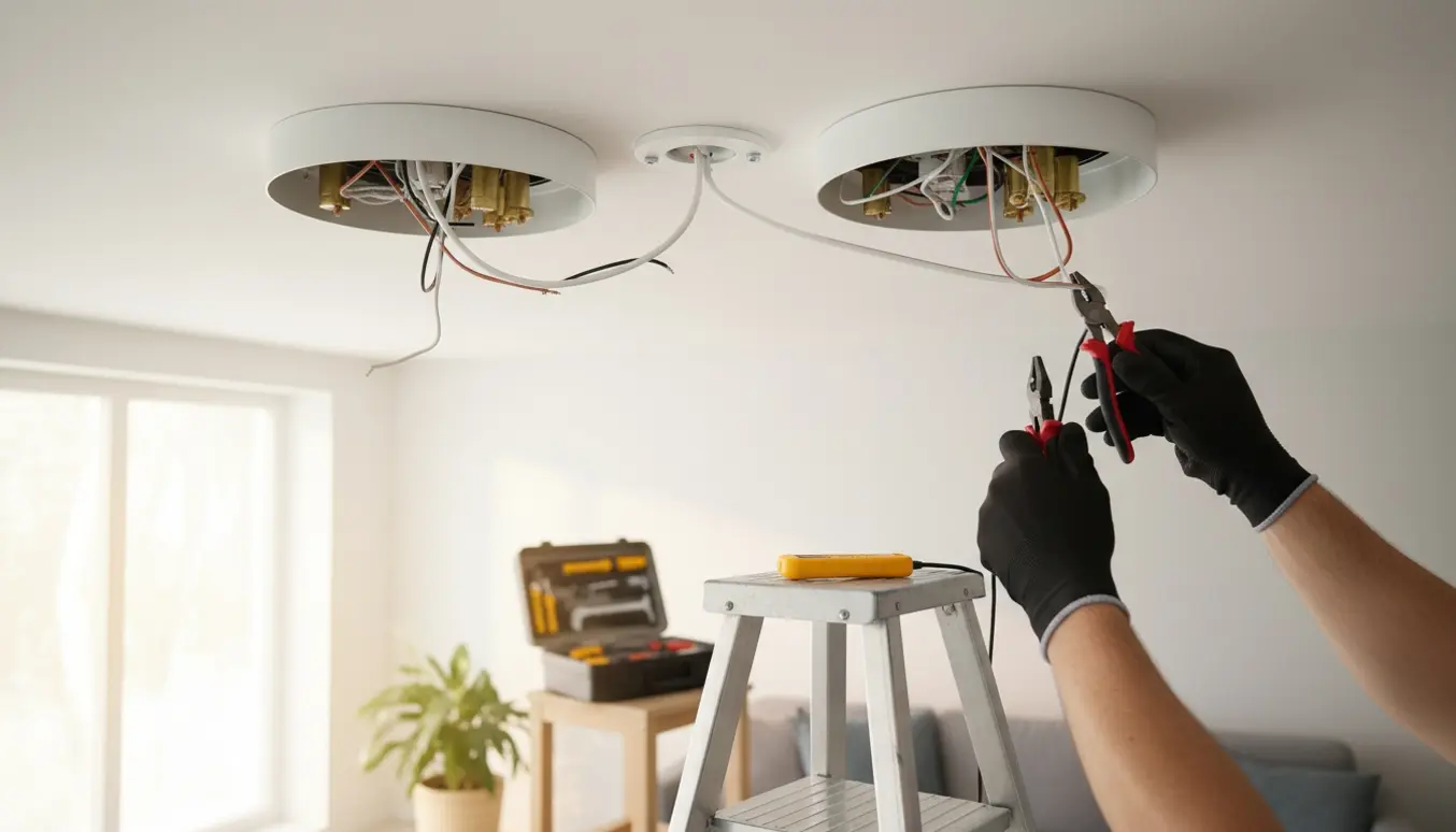 Hænder på en stige tilslutter nye ledninger til to loftlamper i et lyst, ryddeligt rum.