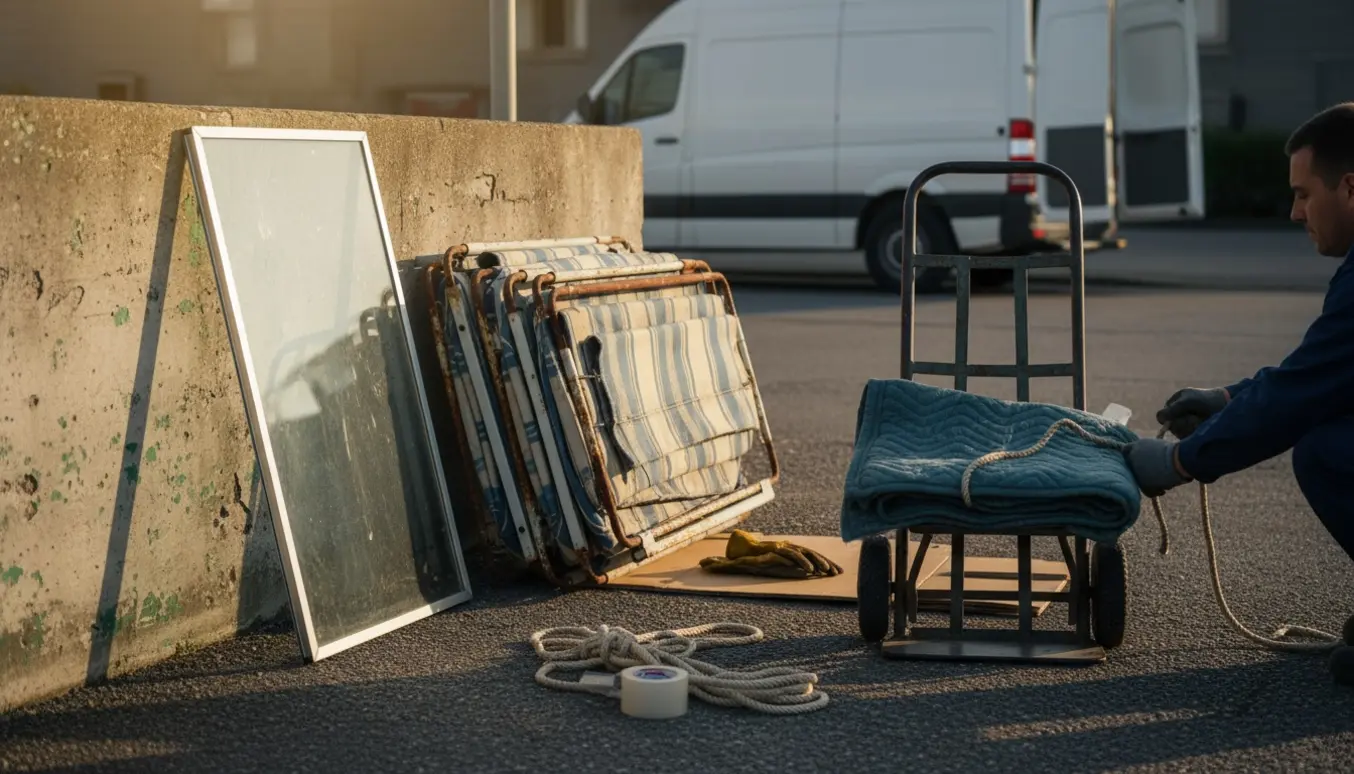 Glaspanel og en slidt markise lagt klar ved fortovet til afhentning som storskrald.