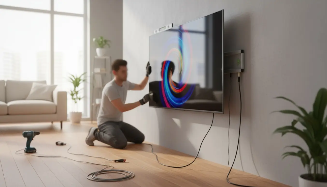 Tekniker forbinder coax- og HDMI-kabler til et 55-tommer QLED-tv under installation i en lys stue.