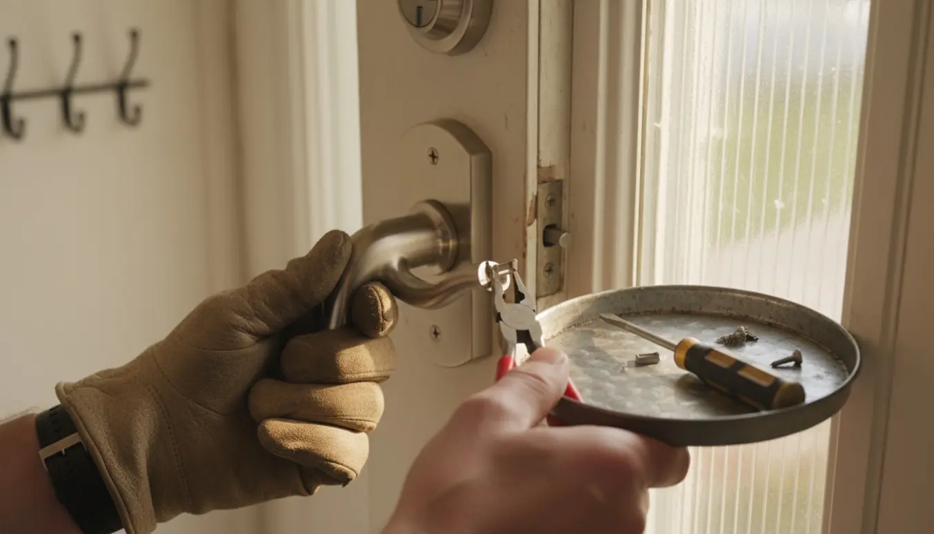 Nærbillede af et løst hoveddørhåndtag, hvor hænder monterer en lille clips med tænger.