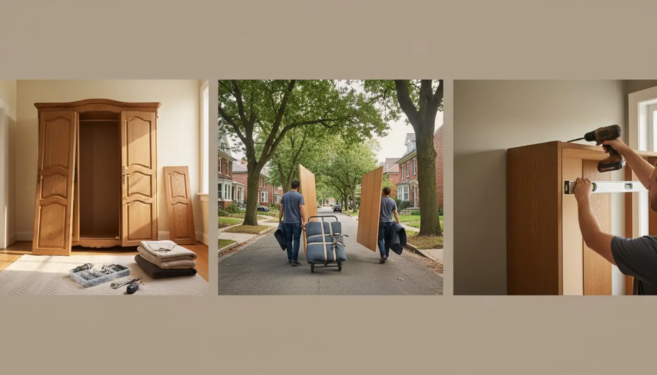 Adskilte skabelementer bæres mellem to nærliggende boliger, mens et klædeskab genmonteres med værktøj.