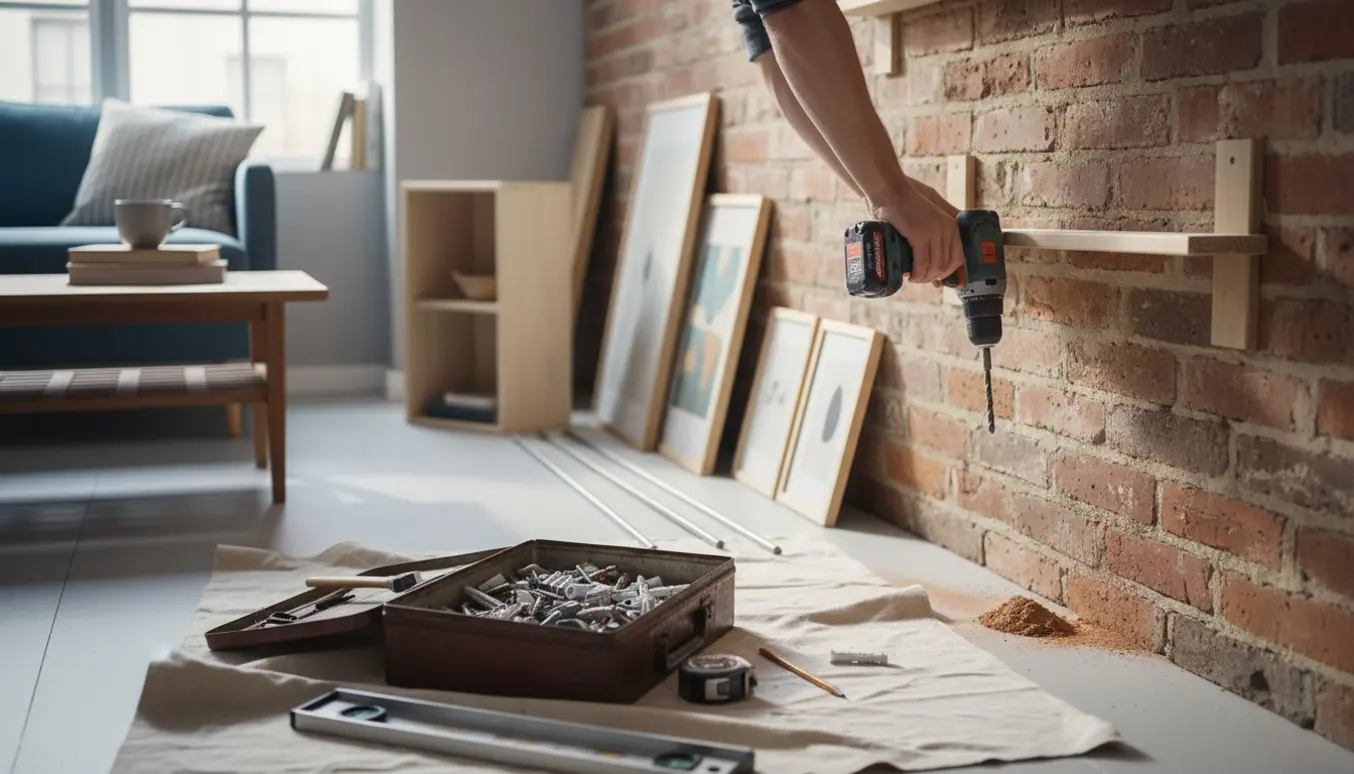 Hænder monterer hylder på en murstensvæg med værktøj og rawlplugs på et tæppe.