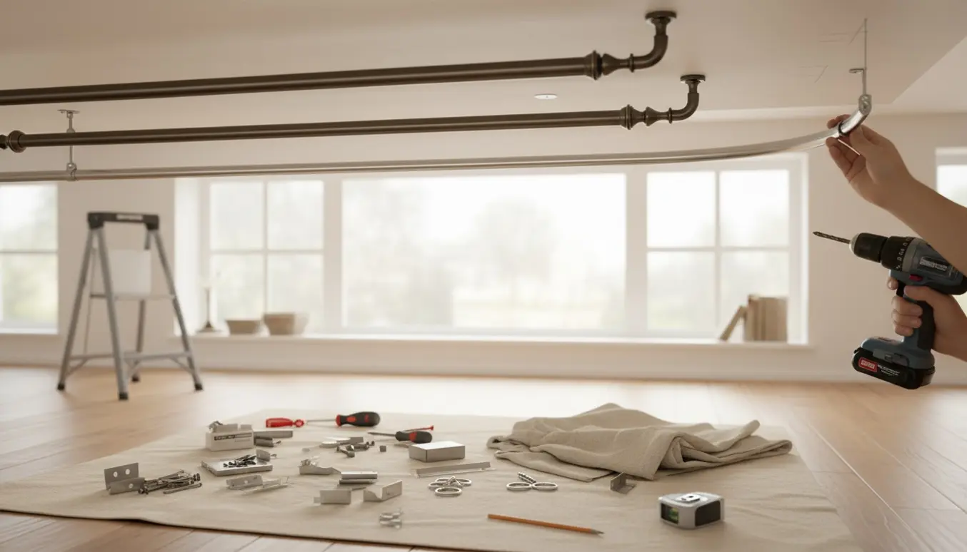 Tre gardinstænger monteres i loftet over et vindue med værktøj og hænder i arbejde.