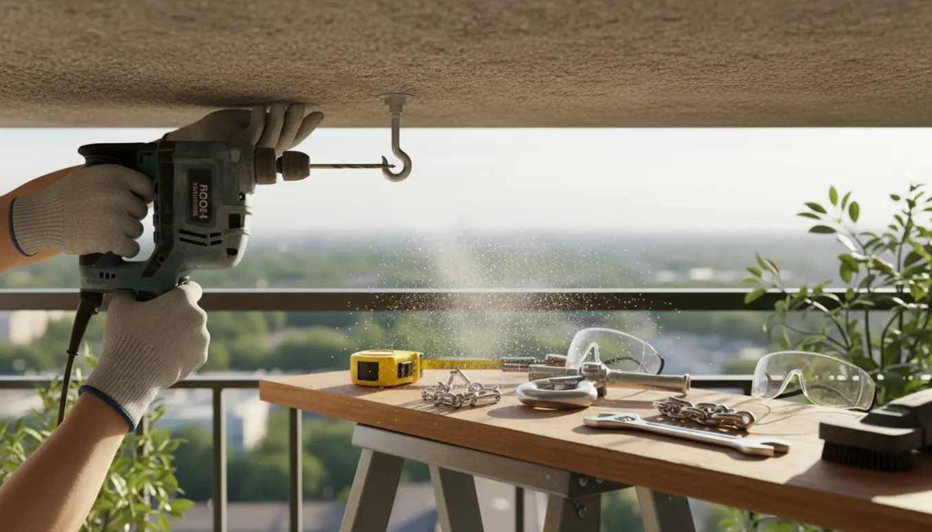 Hænder borer i betonloftet på en altan for at montere en krog til en gynge.