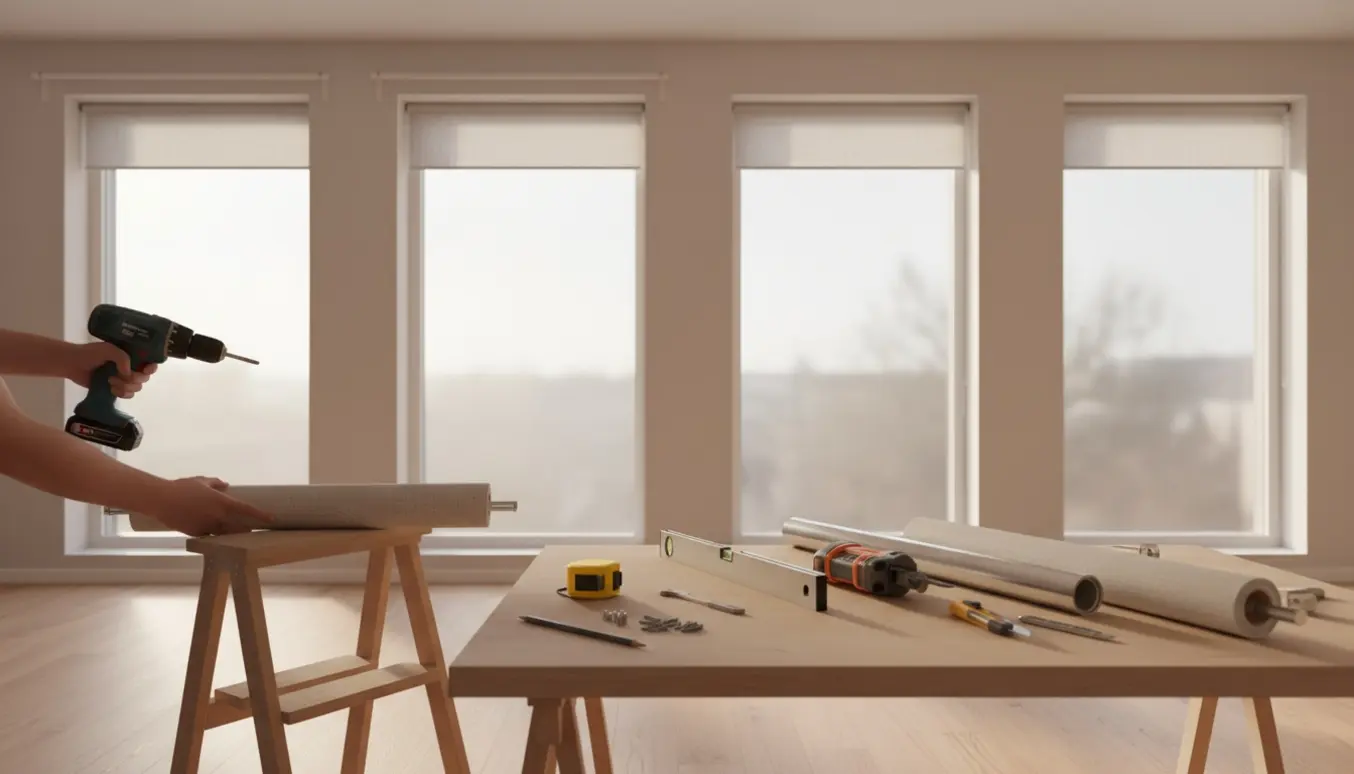 Hænder monterer hvide rullegardiner i en moderne lejlighed med værktøj og trappestige.