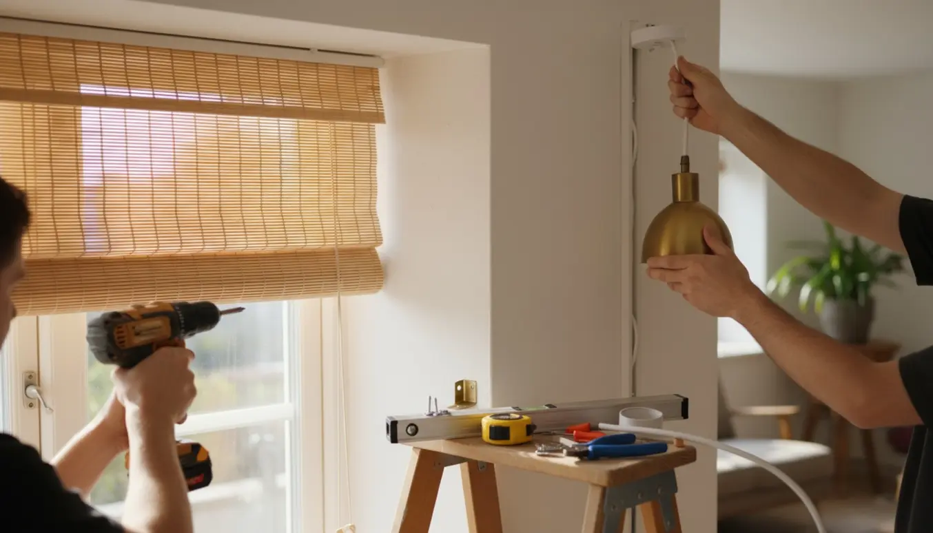 Hænder monterer et bambusgardin og skjuler ledningen til en loftlampe i en lys stue.