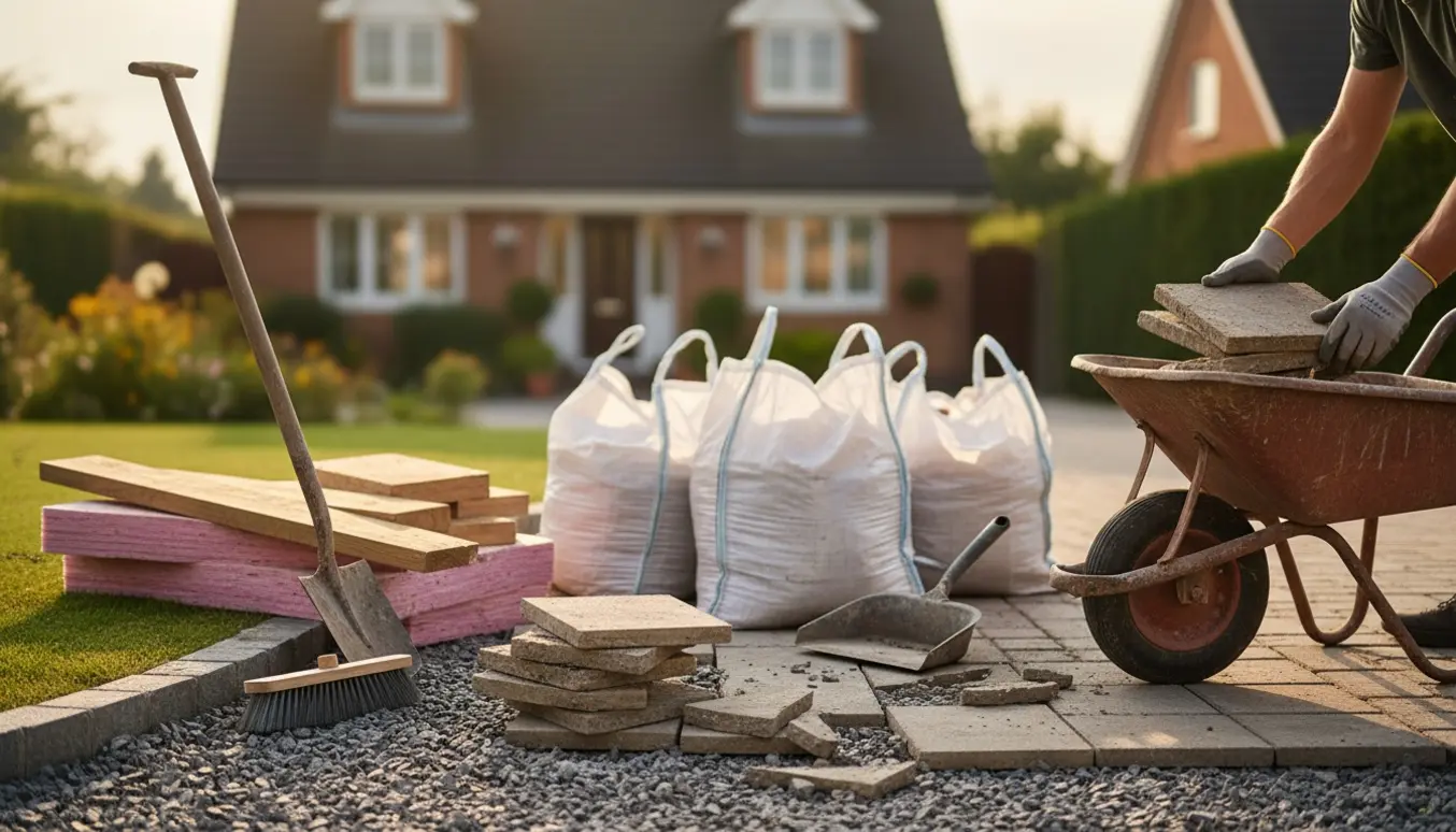 Stak fliser, sække med byggeaffald, isolering og træ i en forhave klar til bortskaffelse.