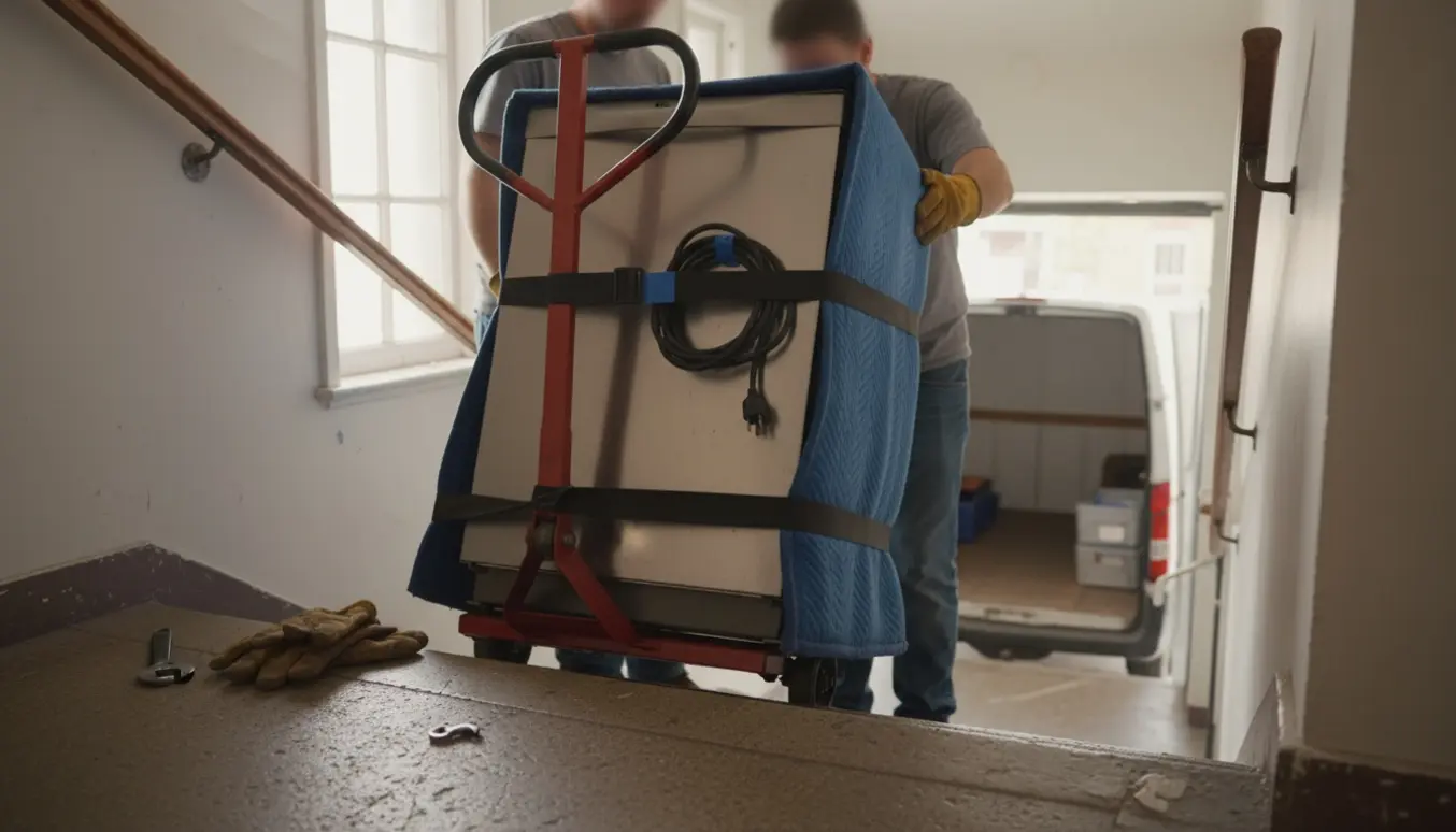 To personer bærer en opvaskemaskine ned ad en trappe på en sækkevogn klar til afhentning.