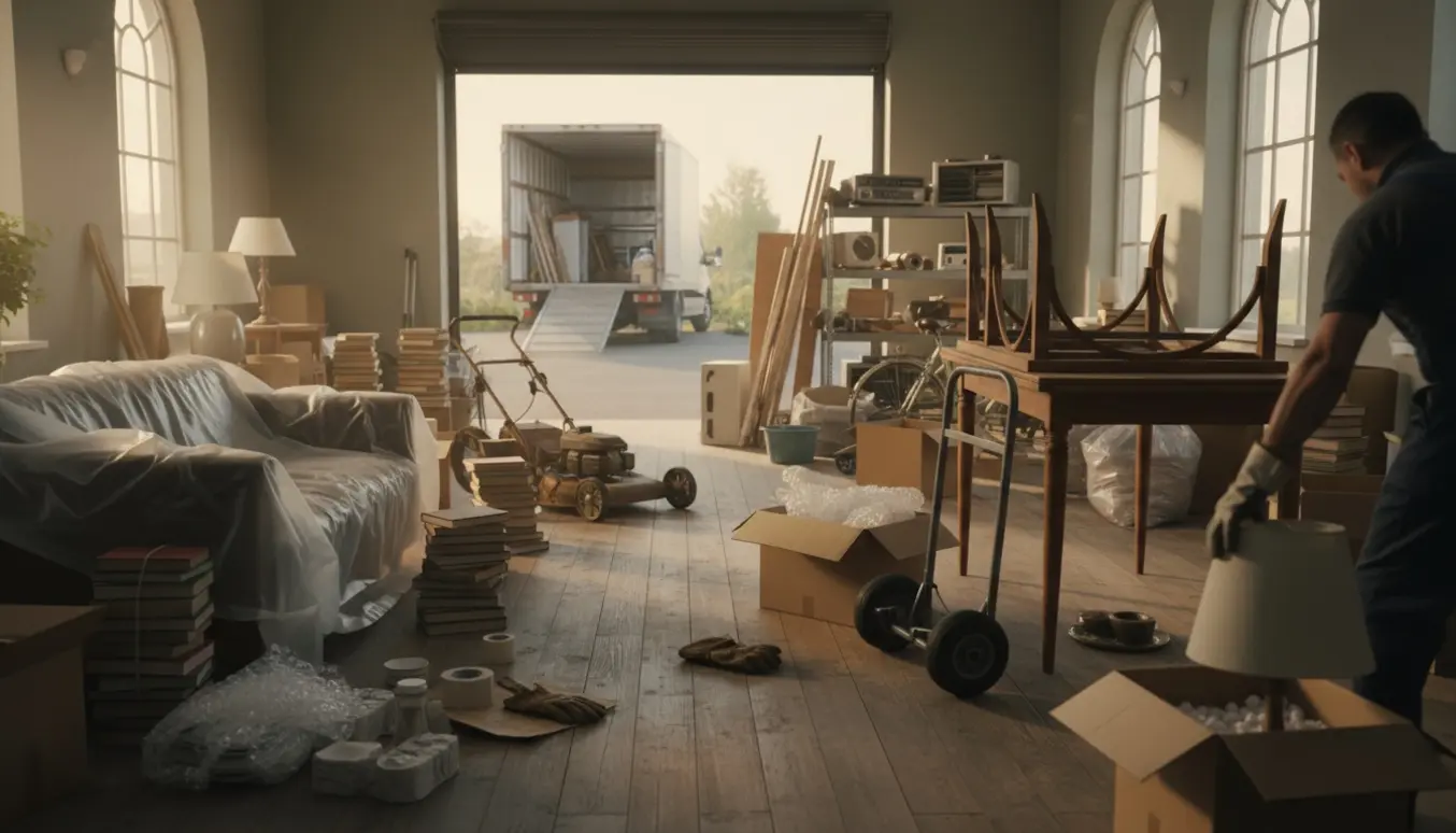 Tømning af fraflyttet hus med møbler, flyttekasser og en garage fyldt med ting til bortskaffelse.