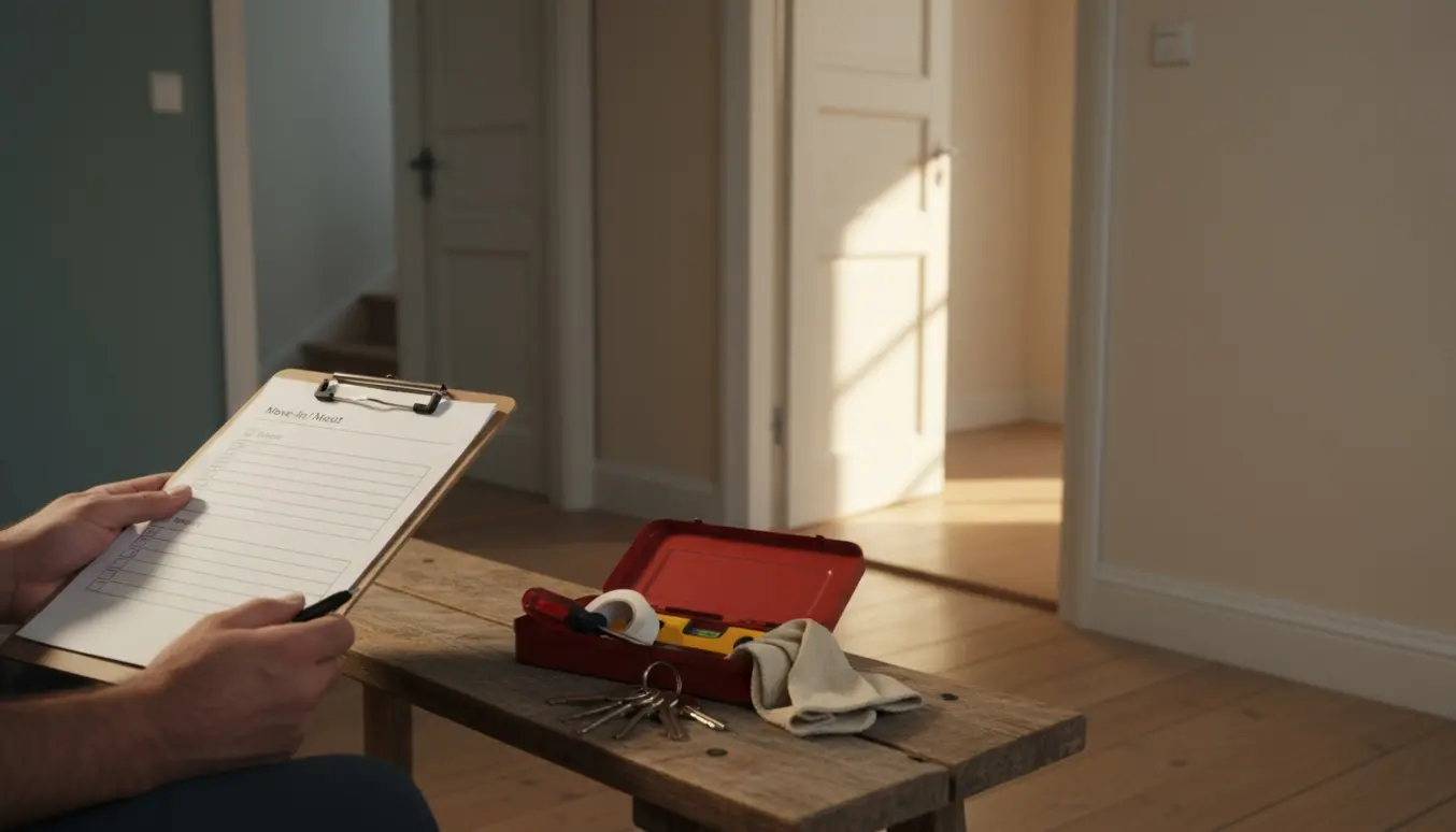 En visevært laver ind- og udflytningssyn i en opgang med tjekliste, nøgler og værktøj.