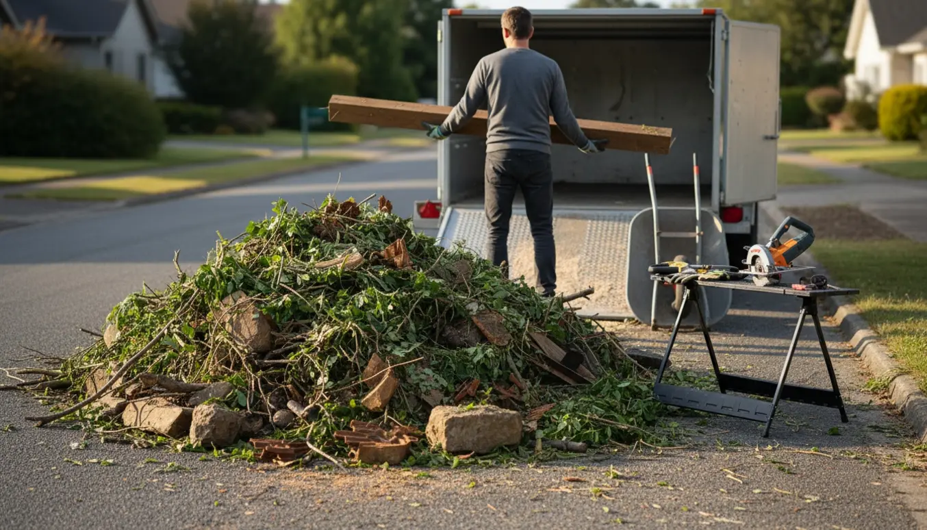 Bunke af haveaffald med sten, lidt jern og en savskåret træbjælke ved vejkanten med trailer klar.