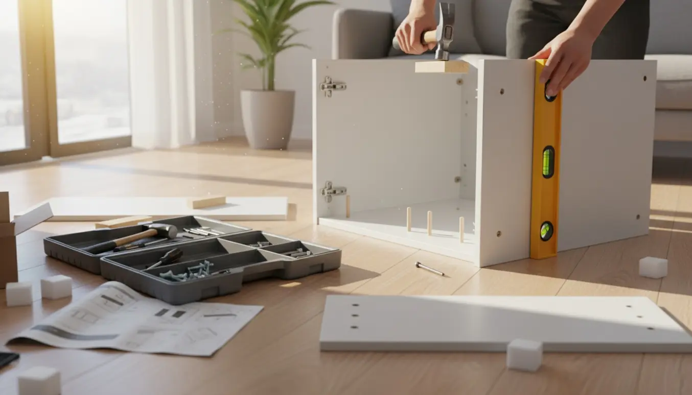 Delvist samlet fladpakkeskab med hammer, vaterpas og åben værktøjskasse.