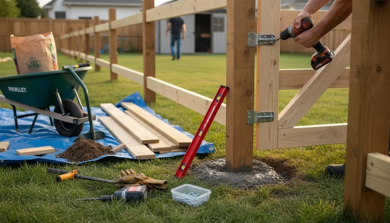 Delvist opsat træhegn med låge og arbejdsredskaber i en baghave.