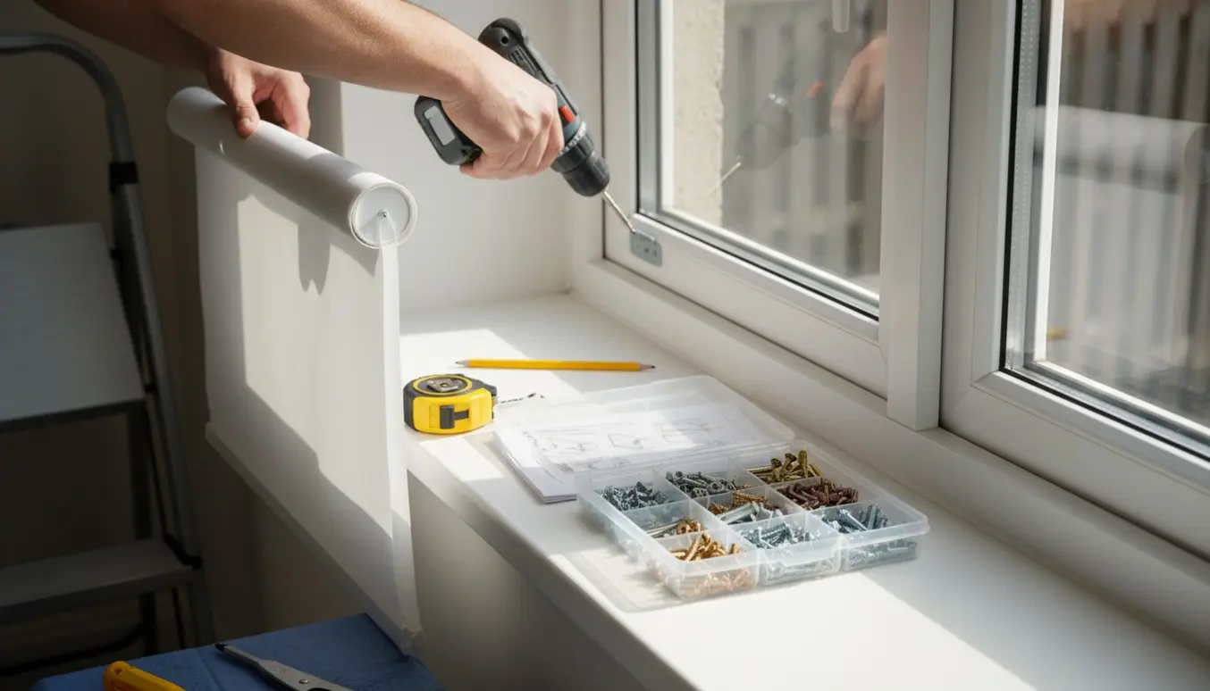 Hænder monterer et rullegardin i et vindue med en åben boks med forskellige skruer og værktøj på vindueskarmen.