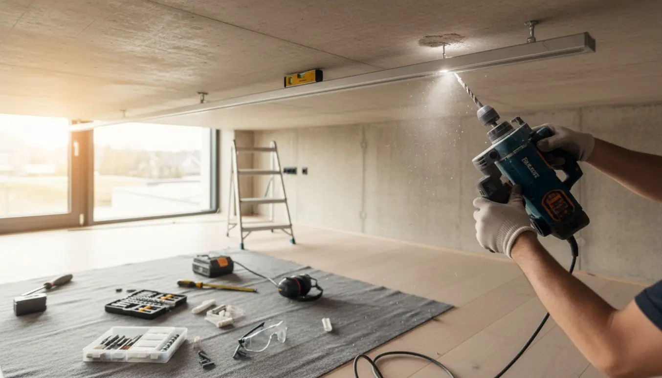 Opsætning af loftskinne til gardin i betonloft med slagboremaskine og værktøj.