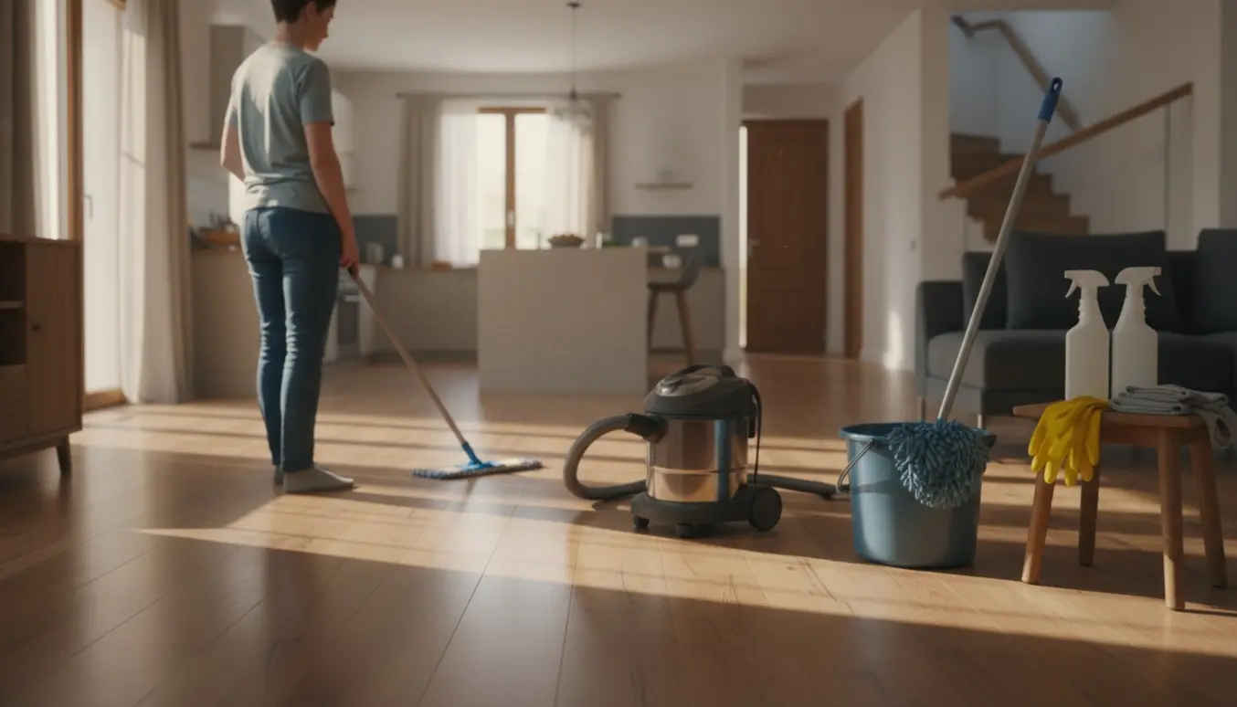Solbelyst villa stue med trægulv, en person set bagfra mopper gulvet med rengøringsspand og redskaber ved siden af.