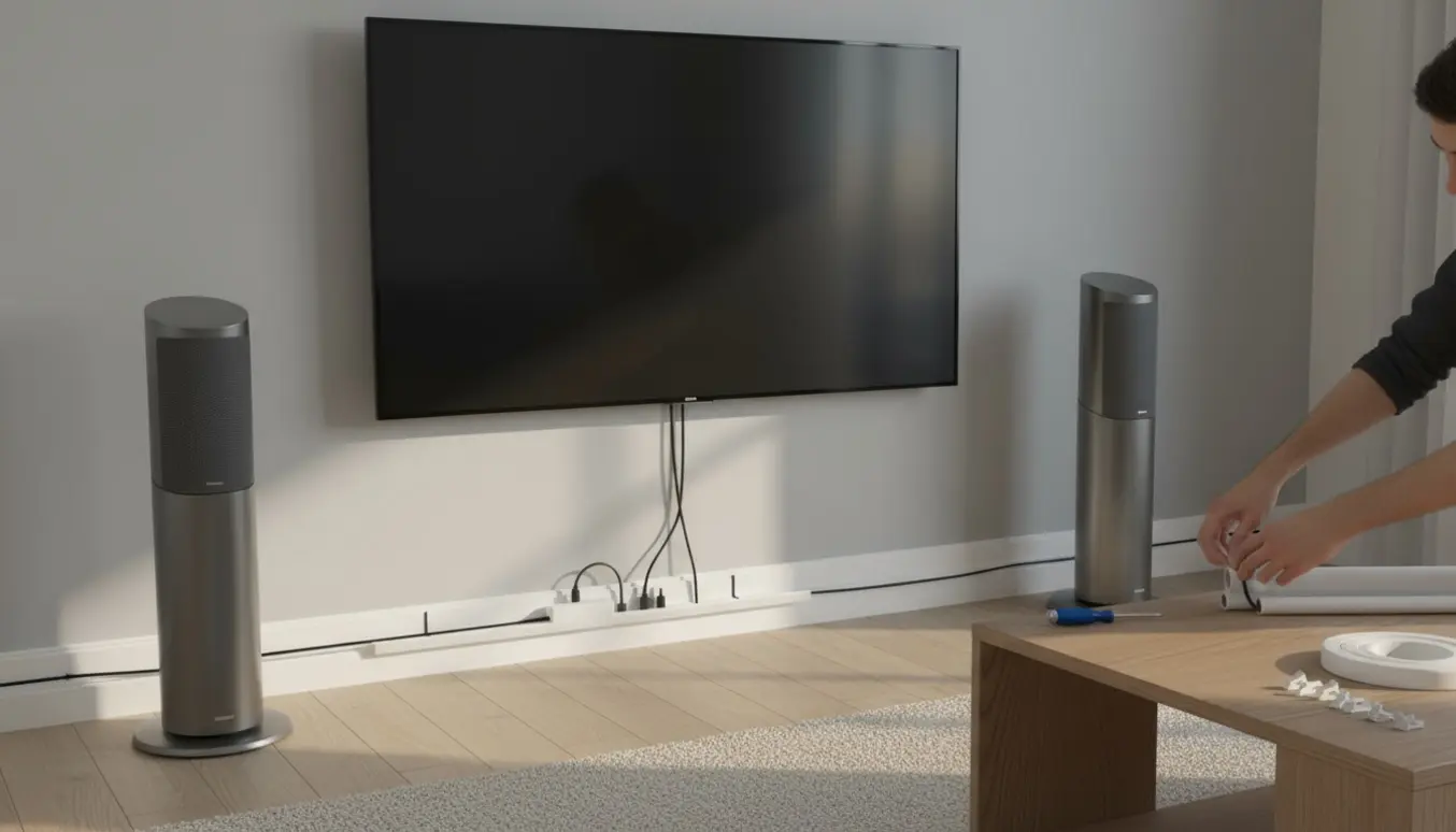 Hænder skjuler højttalerkabler ved et vægmonteret smart-tv med to elegante højttalere i en lys stue.