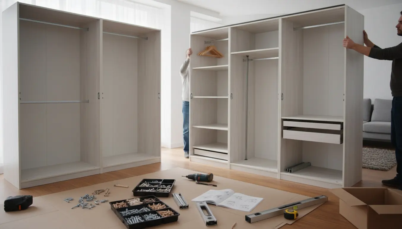 To høje skabsmoduler samles i et lyst rum med værktøj og monteringsdele.