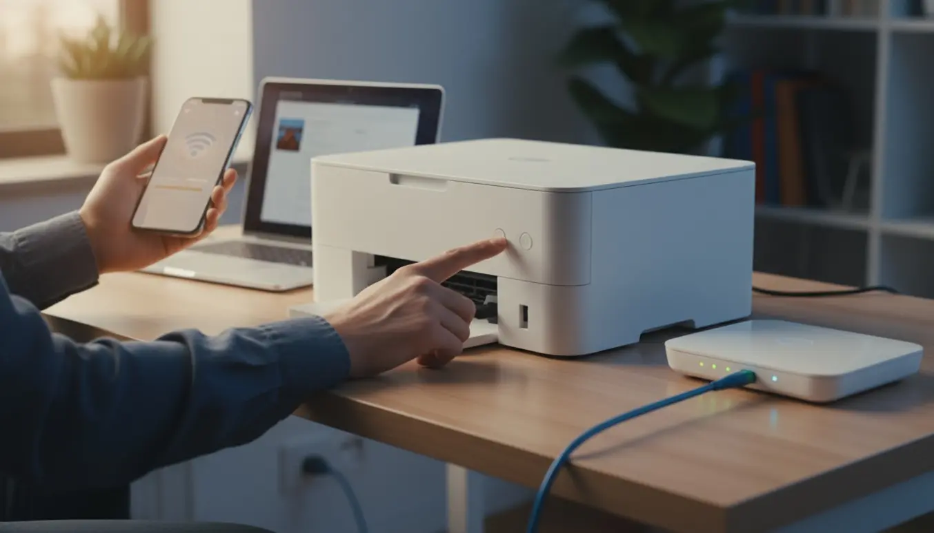 Hænder konfigurerer en hvid inkjet-printer trådløst via en smartphone ved siden af en fiber-router på et skrivebord.