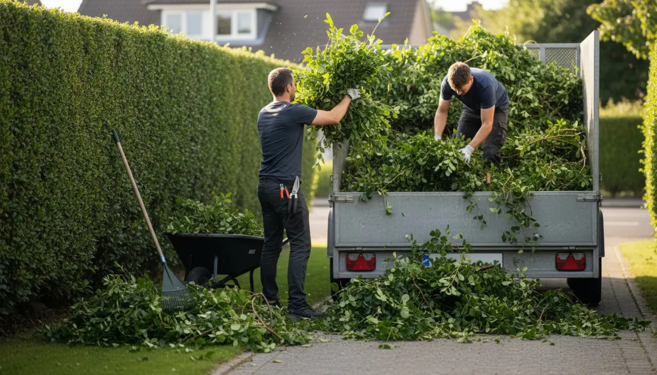 To mænd læsser hækafklip på en åben trailer i en solrig have.