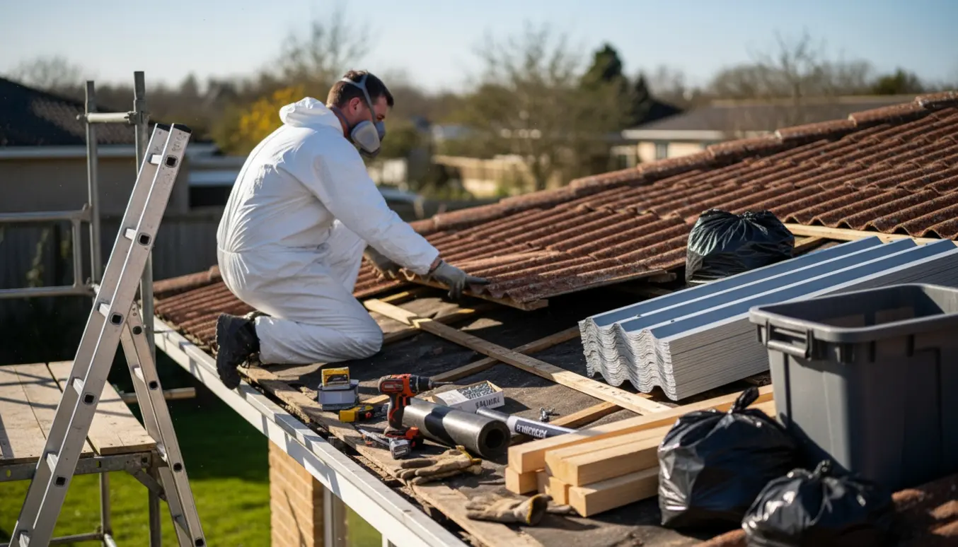Person i beskyttelsesudstyr fjerner gamle bølgeeternitplader fra et tag, mens nye bølgeplader og værktøj ligger klar.
