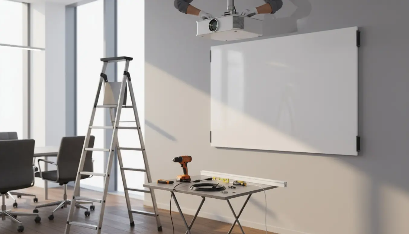 Tekniker monterer loftsprojektor og væghængt whiteboard i et lyst mødelokale med stige og værktøj.