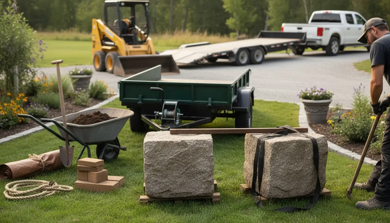 To store kampesten løftes og læsses i en have med værktøj og trailer i blødt dagslys.