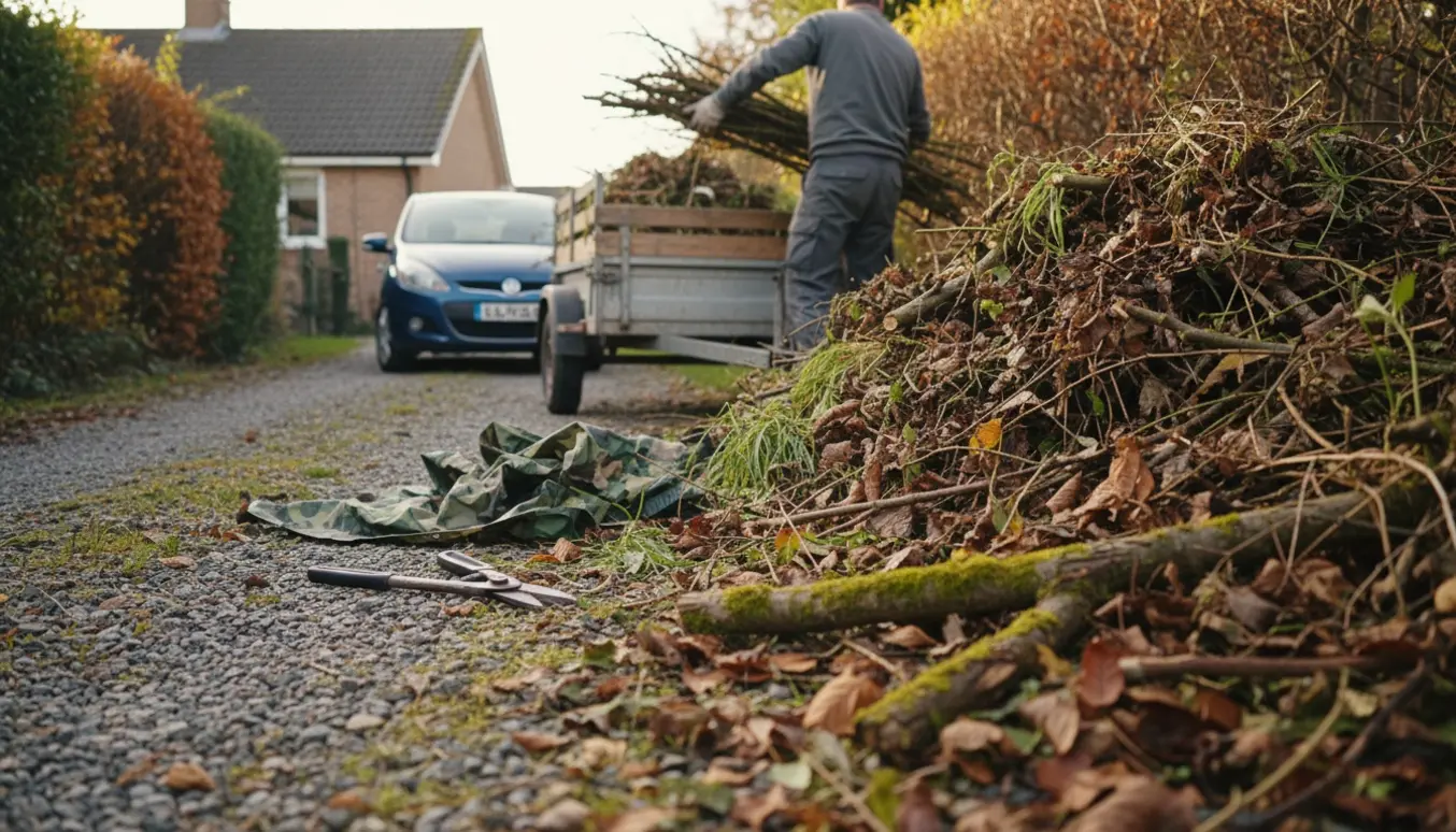 En stor bunke gammelt haveaffald med grene bliver læsset på en lille trailer bag huset.