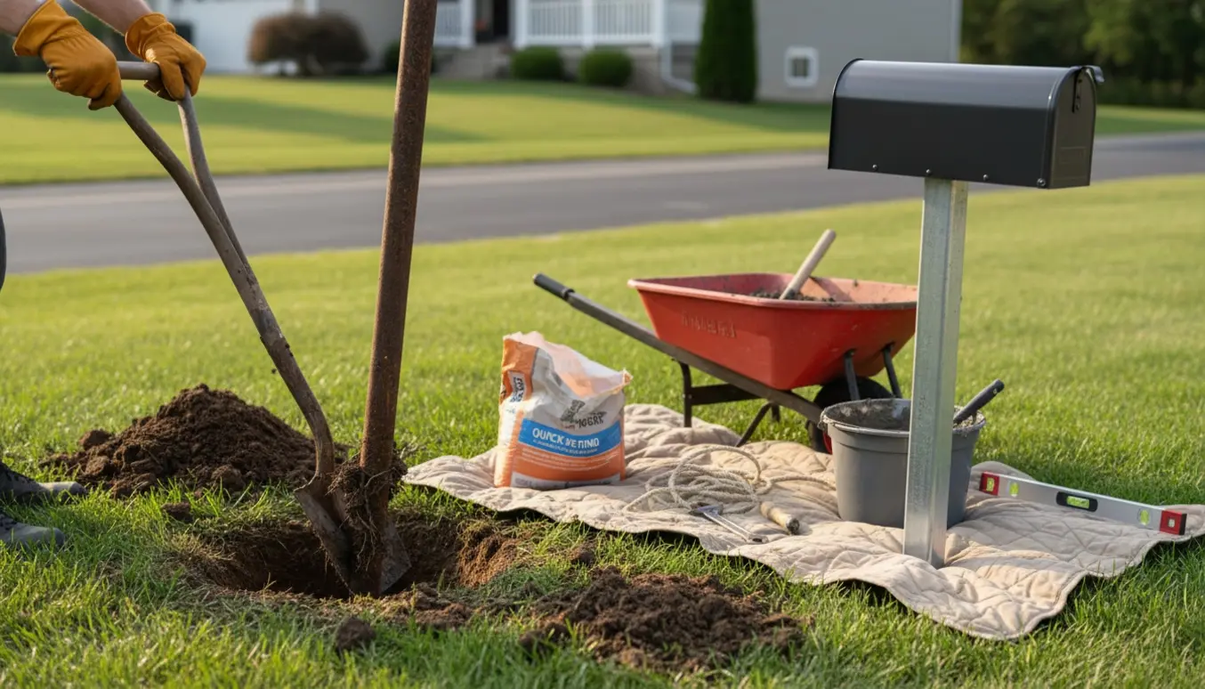 Hænder i handsker fjerner et gammelt postkassestativ og forbereder et nyt stativ med skovl og beton.