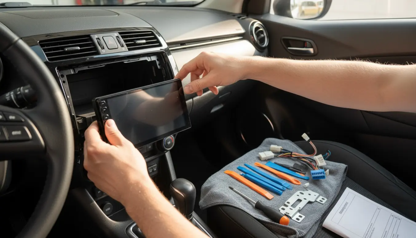 Hænder monterer en ny uoriginal bilradio og radioramme i instrumentbrættet på en Mazda 2.