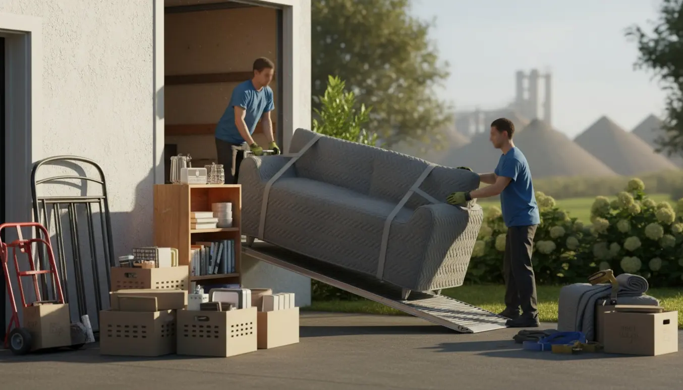 Flyttefolk læsser sofa og møbler på en lastbil foran et hus klar til aflevering på genbrugsstationen.