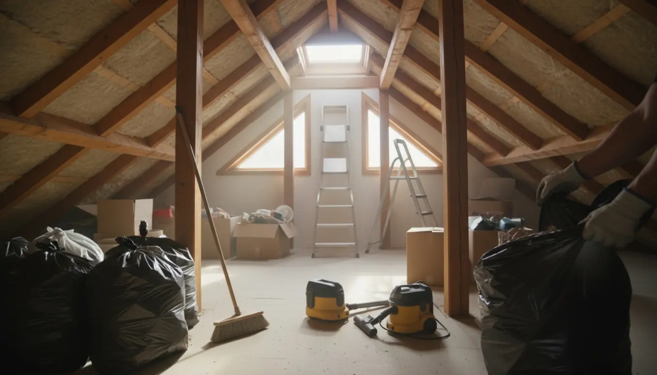 Rydning af 68 m² loft med stablerede affaldssække, stiger, frisk luft fra taglem og intakt isolering.