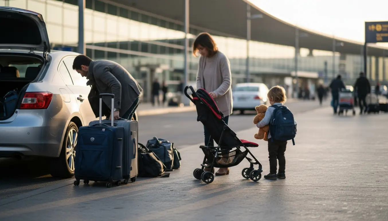 Familie med to børn, kufferter og klapvogn ved lufthavnsaflevering ved terminalens kant.