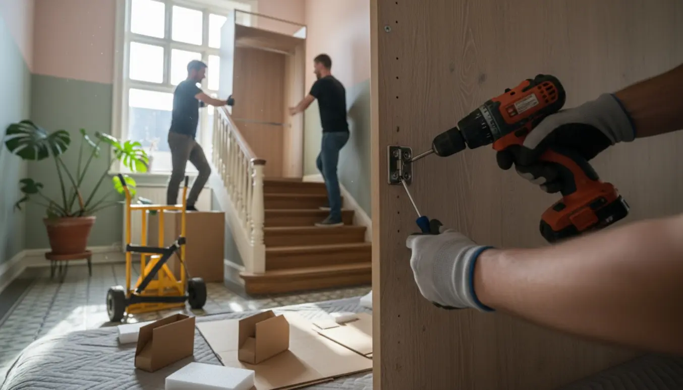 Flyttefolk bærer et brugt garderobeskab op ad en trappe, mens hænder monterer skabet i en lys lejlighed.