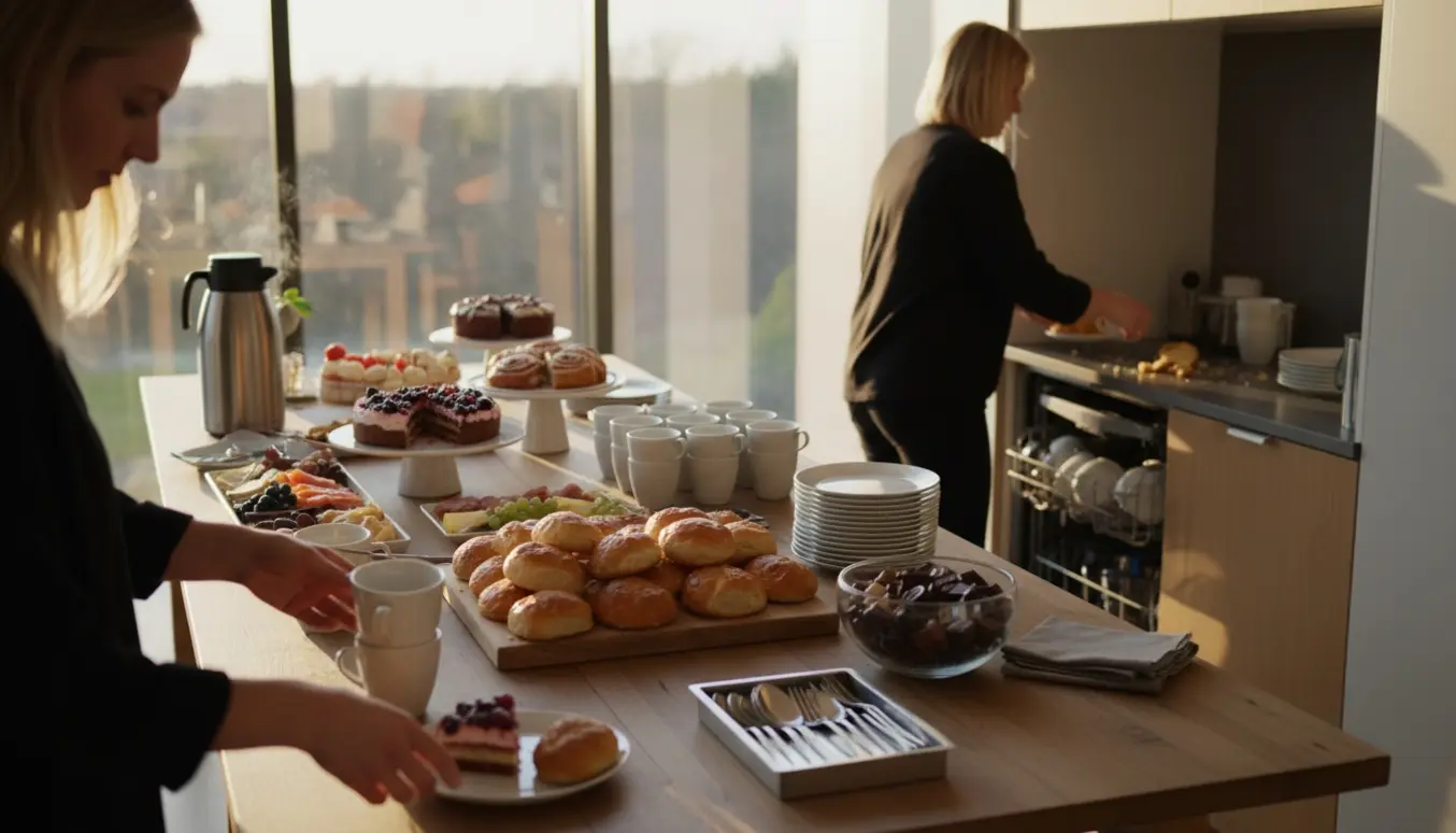 Buffetbord med kager, boller, kaffekande og hænder, der sætter kopper og rydder op efter en fødselsdag.